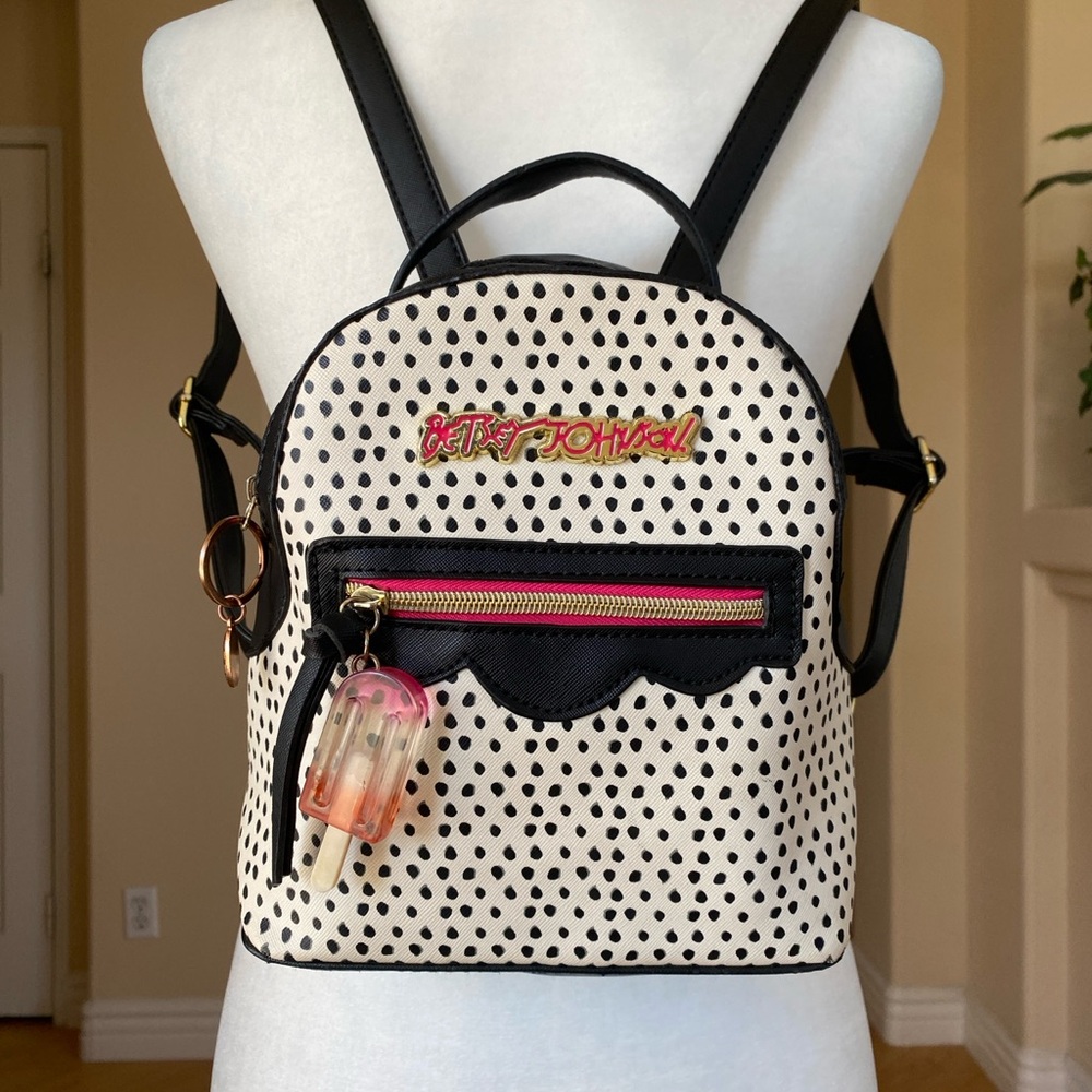 Betsey Johnson Black and White Polka Dot Mini Backpack with Vibrant Accents
